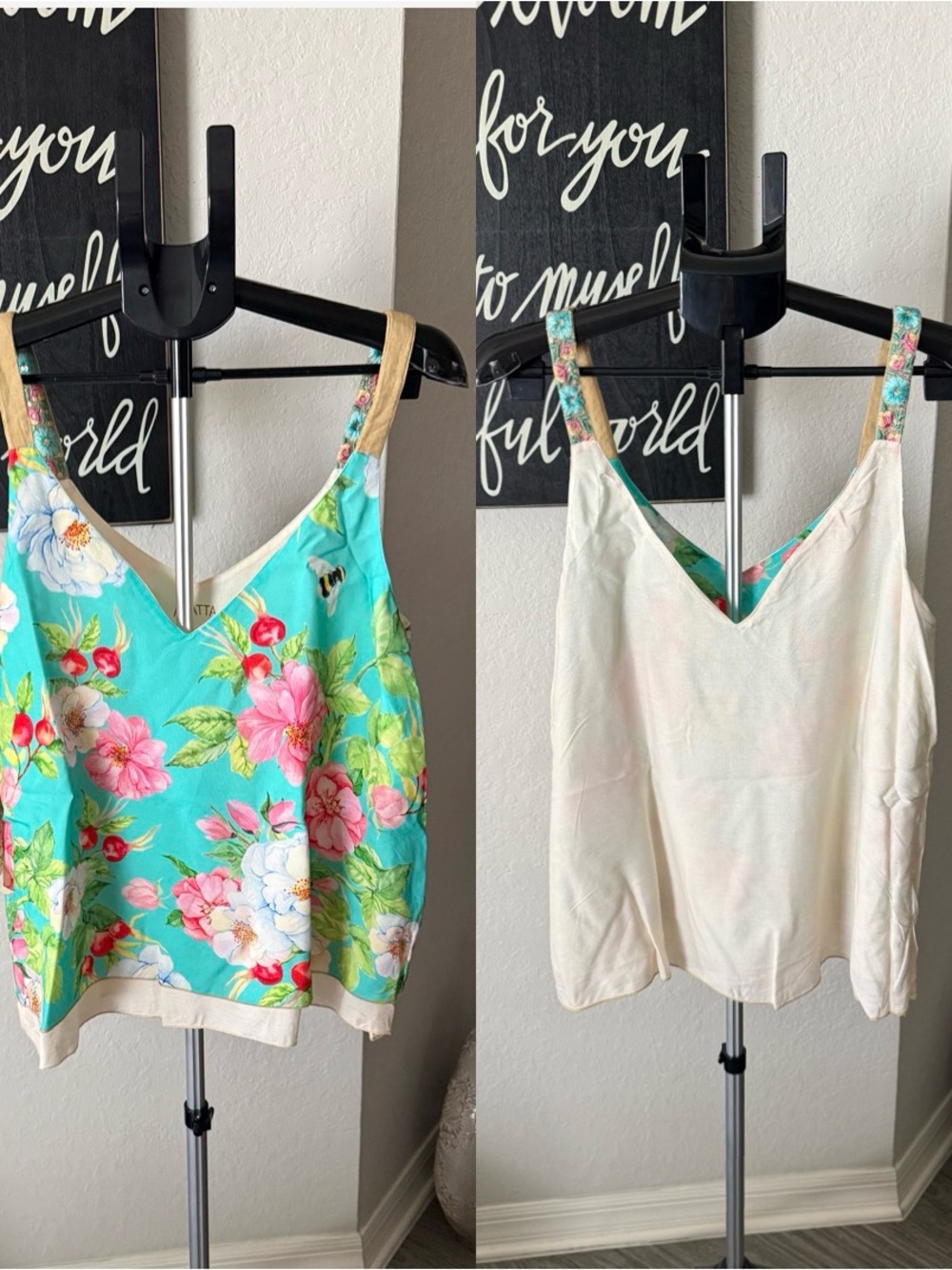 Aratta Reversible Floral V-Neck Cami Top in Aqua NWT